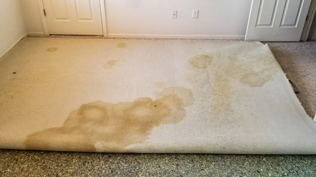 Tapete com mancha de mofo por baixo.