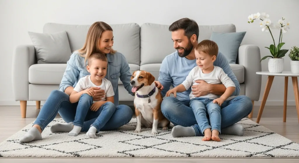 Família feliz sentada em tapete