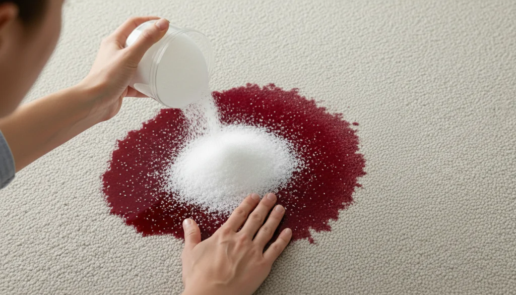 pessoa colocando sal em mancha de vinho