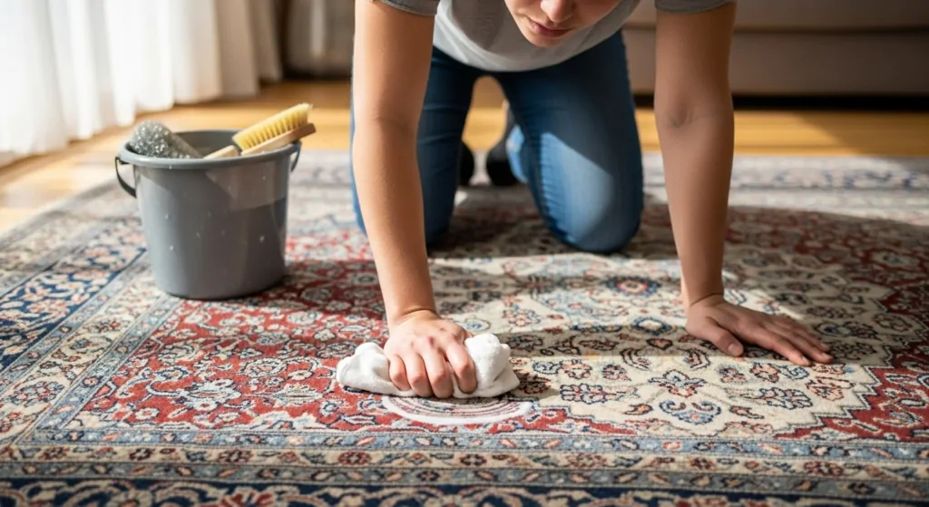 como tirar poeira do tapete: pessoa limpando tapete com pano