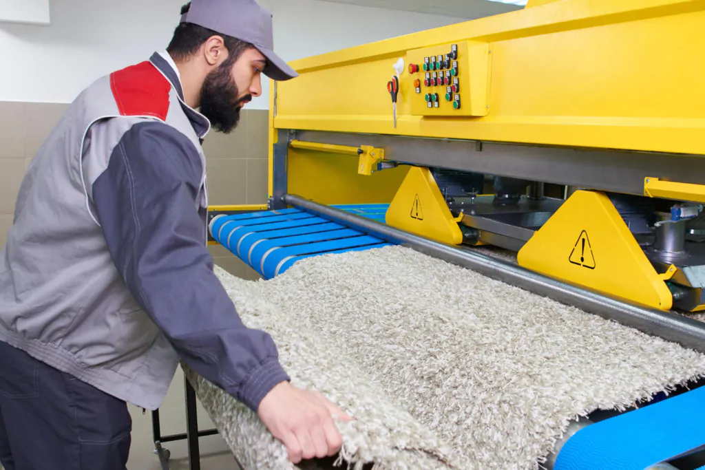 pessoa lavando tapete em máquina industrial