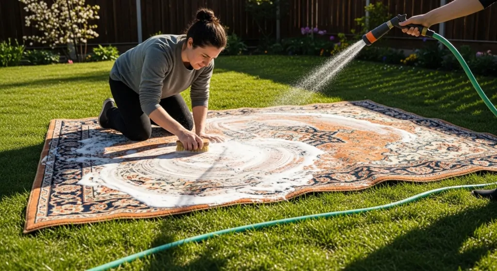 lavando tapete a mão