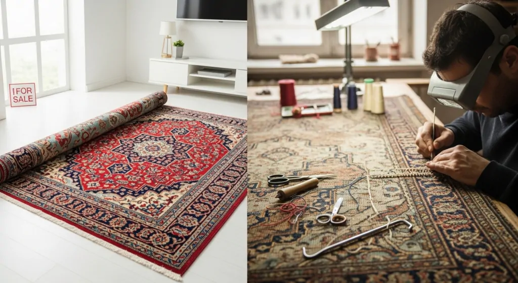 tapete novo e tapete sendo restaurado