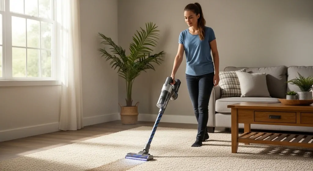 mulher limpando tapete em casa