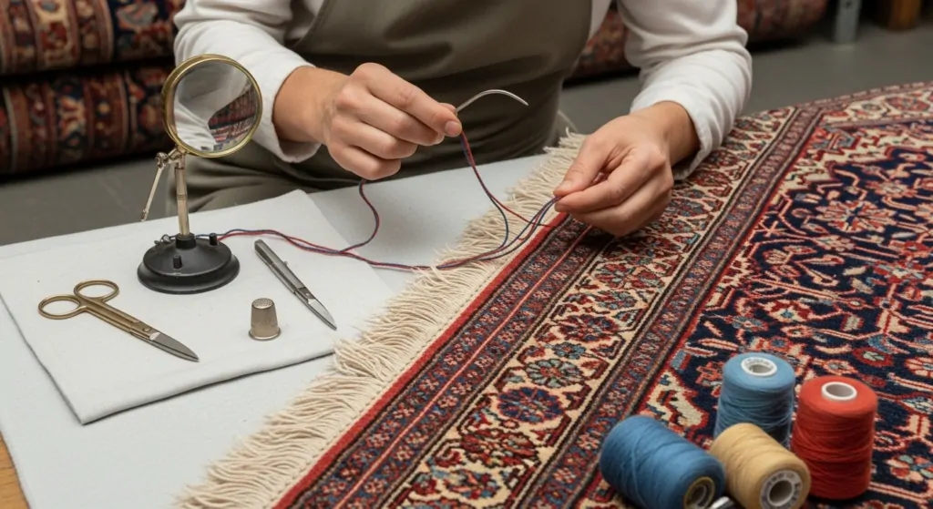 pessoa costurando franja de tapete