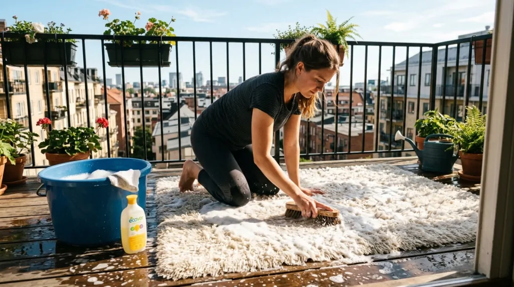 mulher lavando tapete a mão