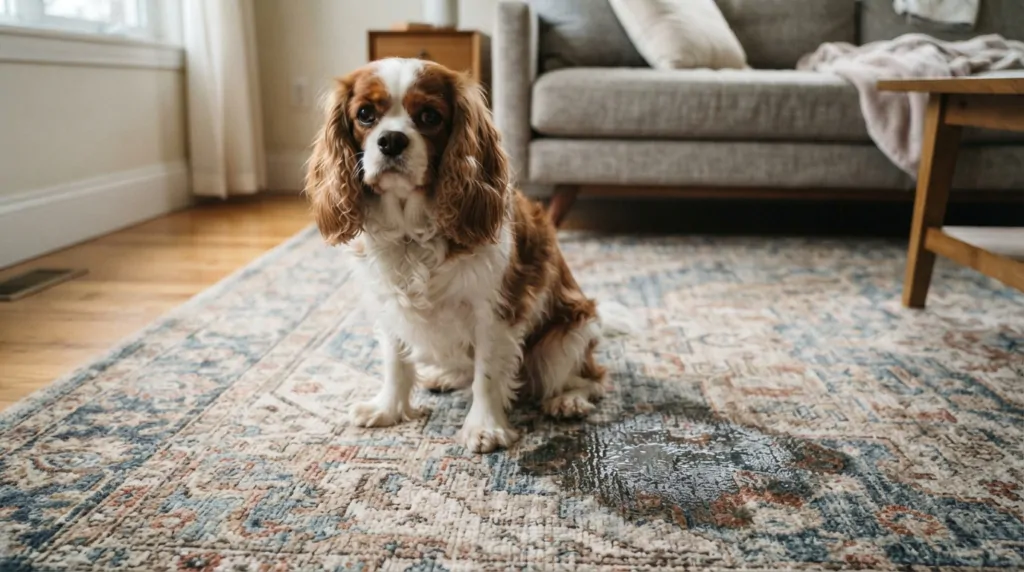 cachorro sentado em tapete com xixi ao lado